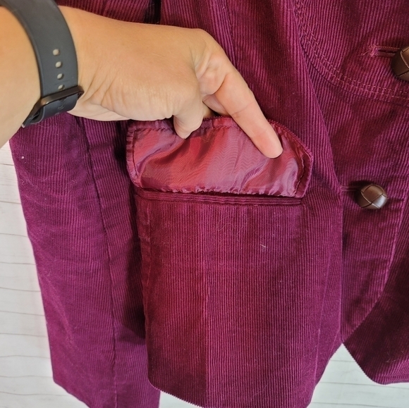 J.CREW PURPLE FUSCHIA CORDUROY LEATHER BUTTON BLAZER JACKET, SZ 6 - Picture 4 of 14